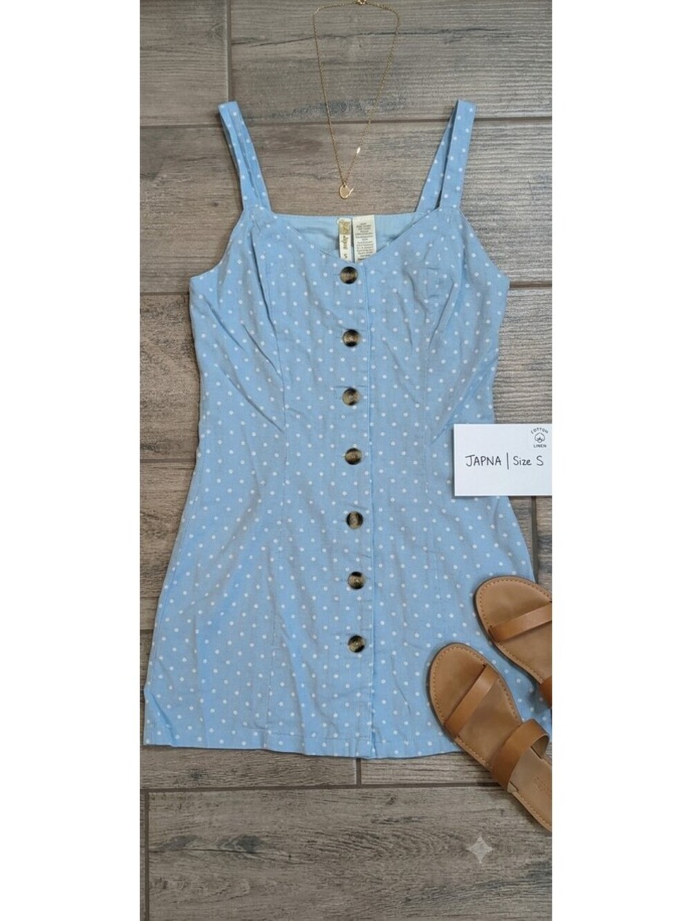 Japna Cotton Linen Dress Small S Blue Polka Dot Button Front Cami Sundress - Picture 2 of 15